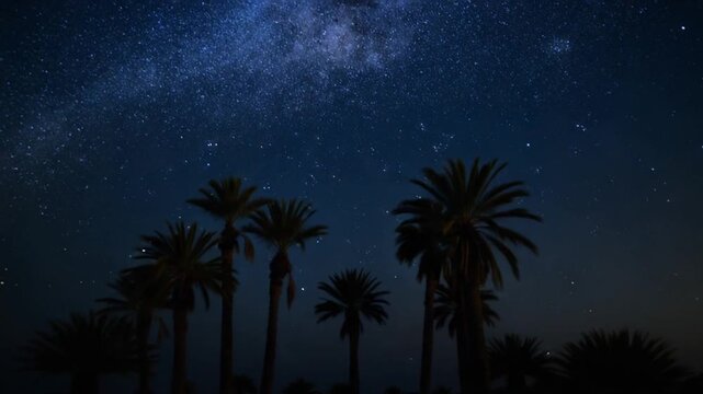 A group of palm trees silhouetted against a starry night sky in the desert