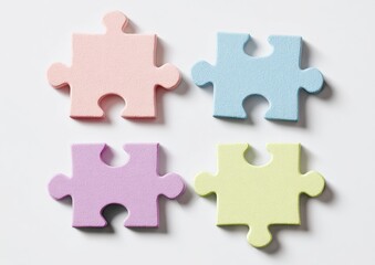 Obraz premium Four pastel-colored puzzle pieces arranged in a 2x2 grid on a plain white background. Each piece displays a distinct, pastel shade