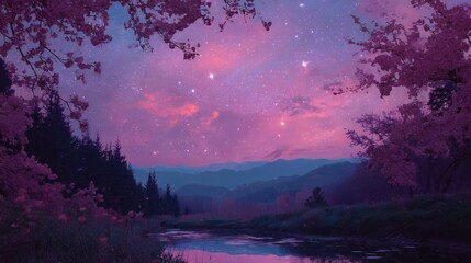Fototapeta premium Dreamy Aesthetic Landscape with Stars and Pink Cherry Blossoms
