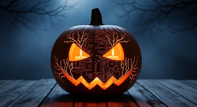 Spooky tech pumpkin with glowing circuitry and candles on rustic wood table