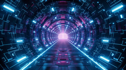 A vibrant tunnel filled with neon lights and glowing circuits creates a futuristic atmosphere