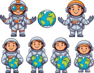 Cute Cartoon Astronaut Kids Holding Earth Globe Illustration, Space Exploration Characters, Kids in Spacesuits, Educational Space Art, Outer Space Science Concept