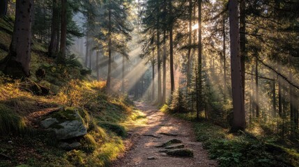 Fototapeta premium Early Morning Sunbeams Through Forest Pathway Illuminating Nature