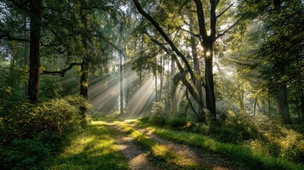 Fototapeta premium Early Morning Forest Path with Sunbeams and Lush Greenery