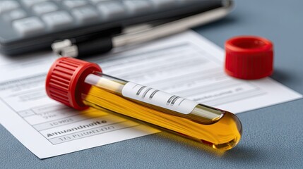 Laboratory analysis of blood sample in medical facility on busy workday with paperwork and calculator prepared for results