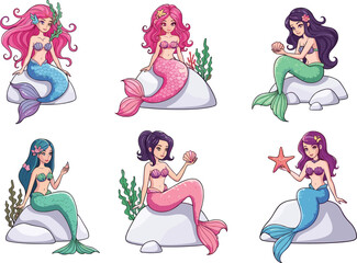 Beautiful Cartoon Mermaids Sitting on Rocks, Colorful Underwater Fantasy Vector Characters for Kids Posters, Fairy Tale Books, Nursery Decor, and Ocean Designs