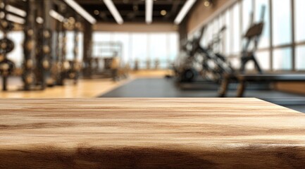 Light brown wooden tabletop in front of a blurred gym interior