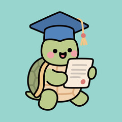 A cute cartoon turtle wearing a graduation cap and holding a diploma. Education, learning, and success concept.