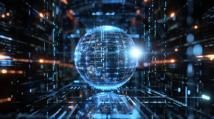 A transparent holographic data sphere floats within a futuristic digital landscape characterized by glowing lines and patterns