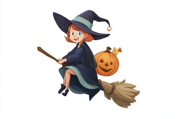 Cartoon witch flying on a broomstick with a smiling pumpkin companion, Halloween illustration