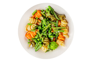 Trottole pasta vegetables green peas, green beans, kohlrabi cabbage, broccoli second course tasty snack fresh delicious gourmet food background on the table rustic food top view copy space