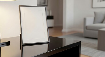 Blank vertical picture frame mockup on a glossy black table in a modern softly lit living room interior.