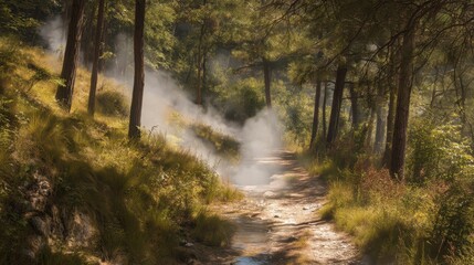 Serene Forest Trail with Gentle Steam and Lush Greenery