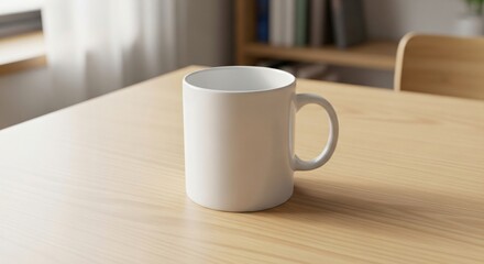 Minimalist White Ceramic Mug on a Light Wood Table with Soft Natural Light.