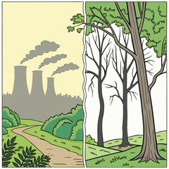 Fototapeta premium Illustration depicting contrasting environments, one side shows industrial pollution with smokestacks, while the other features a serene forest landscape, highlighting nature's beauty and environmenta