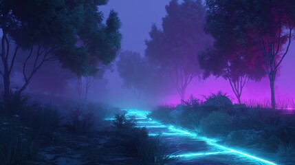 Fototapeta premium Glowing Neon Path Through Alien Landscape in Mystical Atmosphere