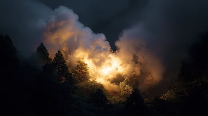 Fototapeta premium Glowing Clouds and Steam Above Trees in Dark Mystical Forest
