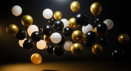 Floating black, gold, and white balloons