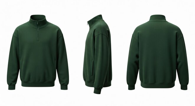 Three Views of a Dark Green Quarter-Zip Sweatshirt with Pockets.