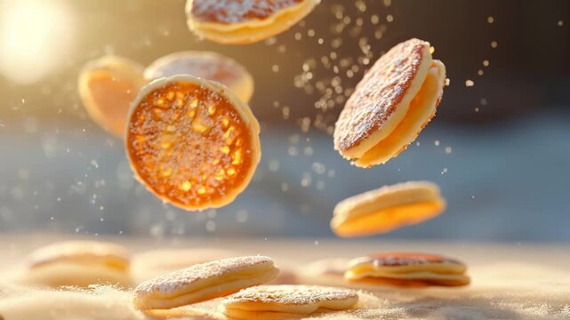 Small mini pancakes flying with powdered sugar