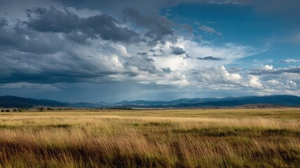 Obraz premium Dramatic Stormy Sky Over Grassy Plain with Distant Mountains