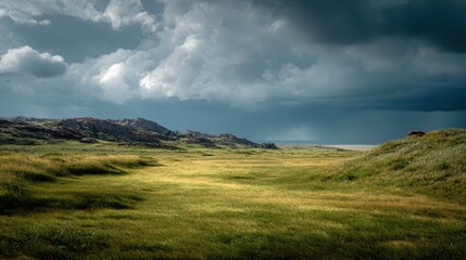 Serene Grassy Plain Under Distant Stormy Sky With Dramatic Clouds