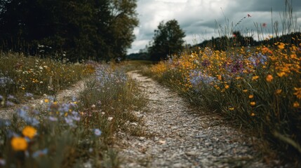 Gravel Path Through Vibrant Wildflower Field Under Cloudy Sky