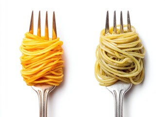 Two forks holding pasta; one yellow, one green