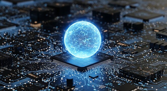 Glowing sphere on a circuit board symbolizes advanced technology and innovation - Powered by Adobe