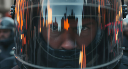 Intense Gaze of a Law Enforcement Officer in Riot Helmet, Reflecting an Urban Environment and City Lights on the Visor