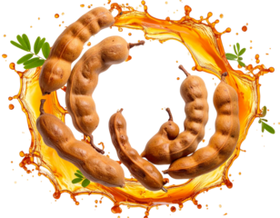 Flat Lay of Tamarind Pods with Artistic Circular Juice Splash, Top-Down Composition, Isolated PNG