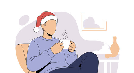 Man in Santa Hat Enjoying a Hot Drink.