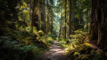 Obraz premium Serene Hiking Trail Through Lush Redwood Forest with Sunlight