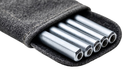 Close up of lug bolts in a grey pouch on a white isolated background