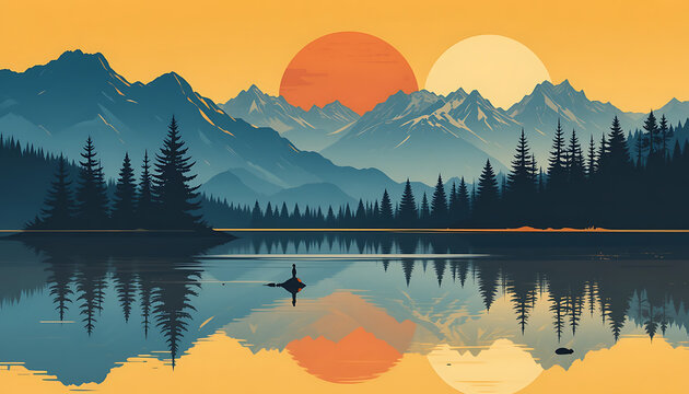 Fantasy landscape with two suns over mountains and a reflective lake