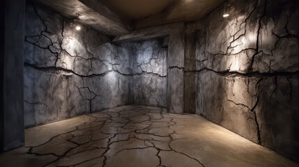 Dark Basement with Cracked Walls and Eerie Atmosphere in Horror Theme