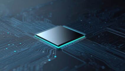 Close up of a glowing blue computer processor chip on a circuit board
