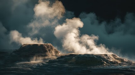 Naklejka premium Majestic Geysers Erupting Thick Steam Against a Dark Background