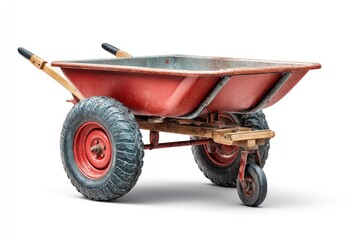Rustic red and gray wheelbarrow,  isolated