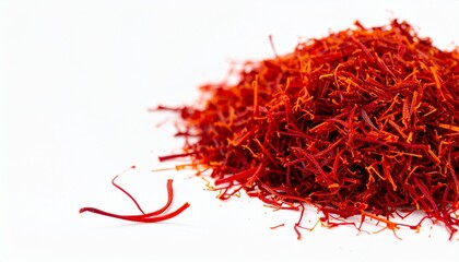 Fototapeta premium Exquisite Saffron: A close-up shot reveals a vibrant pile of premium saffron threads, showcasing the rich color and delicate texture of the world's most precious spice.