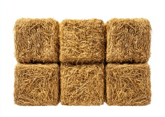 Six square bales of straw, arranged in a 2x3 grid, against a white background.  Each bale is a light golden-tan color and has a rough, textured surface, composed of dried plant material