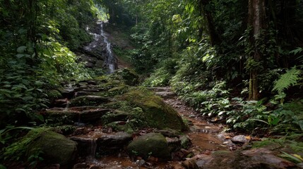 Fototapeta premium Serene Jungle Path Leading to a Hidden Waterfall in Lush Greenery