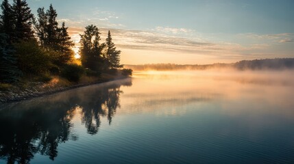 Fototapeta premium Gentle Sunrise Over Tranquil Lake with Soft Fog and Reflections