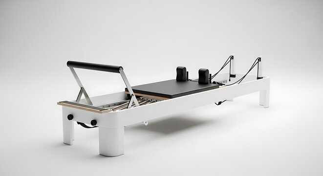 White pilates reformer machine isolated on white background - Powered by Adobe