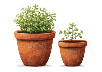 Obraz premium Two terracotta pots, each holding a sprig of vibrant green herbs, one larger than the other, against a white background