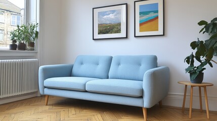 Light blue sofa in a modern living room.