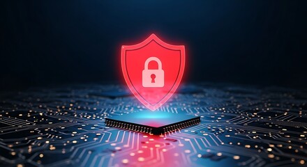 A red security shield with a padlock on a circuit board background