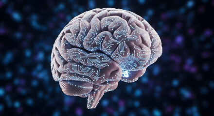 Digital Brain Illustration with Circuitry and Light Effects in Futuristic Style