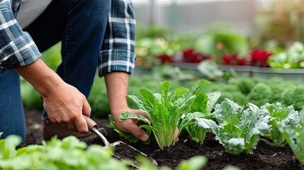 Gardener tending to fresh lettuce in a vibrant greenhouse during late afternoon hours in a community garden setting