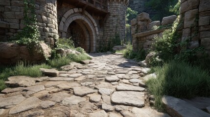 Obraz premium Medieval Stone Pathway Leading to Vintage Castle Gate Entrance